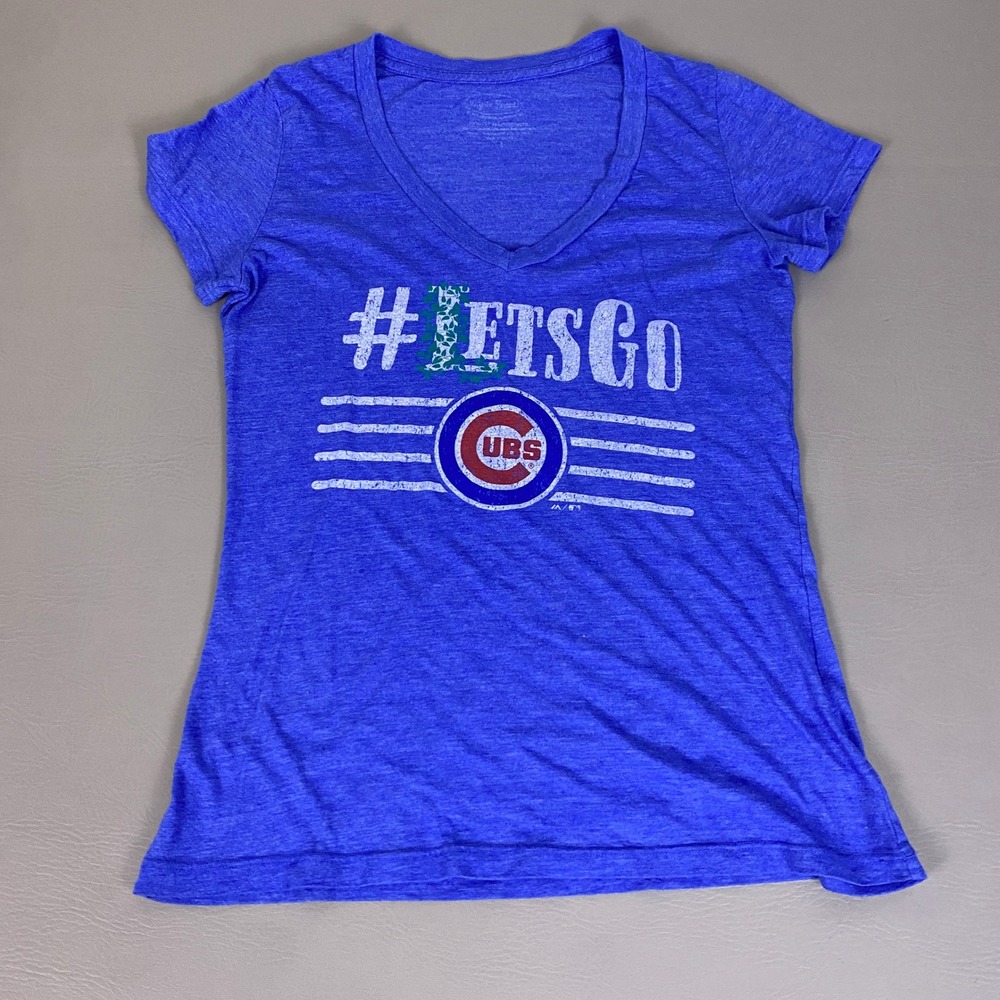 Majestic Threads MLB T-Shirt Women's Large Blue Chicago Cubs V-Neck LETSGO Tee